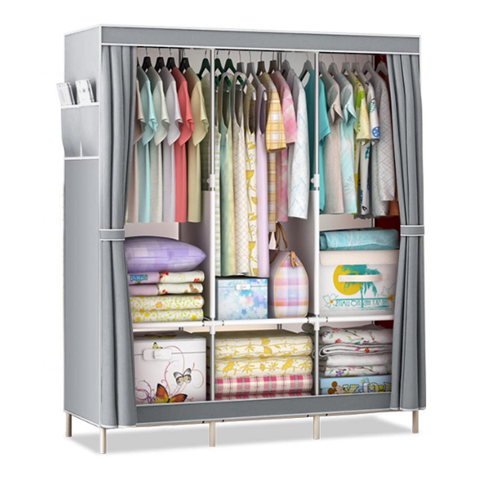 Kleiderschrank Tragbarer Kleiderschrank, Canvas-Kleiderschrank, Kleiderschrank-Aufbewahrungsorganisator mit 3 Kleiderstangen und Seitentaschen, Stoffschränke für Schlafzimmerkleidu