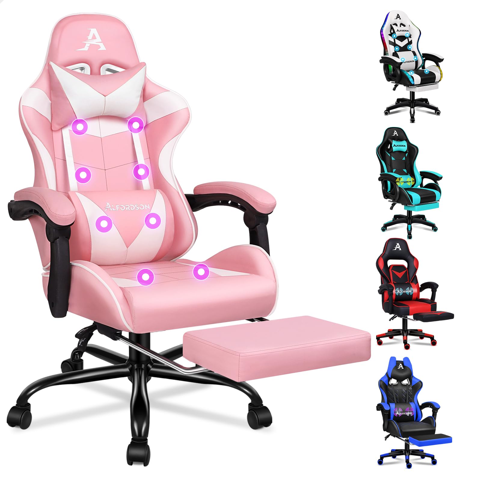 ALFORDSON Massage Gamingstoel, 150° kantelbaar, ergonomische directiestoel, PU-leer met voetensteun, in hoogte verstelbaar, racestoel, draagvermogen 180 kg, roze