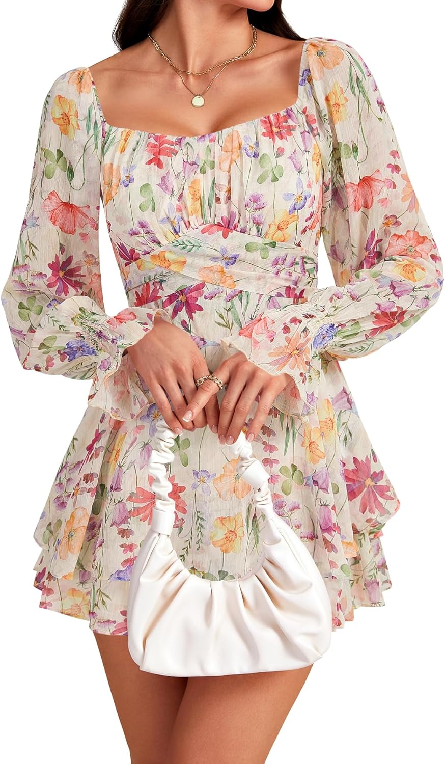 LYANER Women's Floral Print Off Shoulder Long Sleeve Ruffle Hem Romper Short Jumpsuit - Image 5