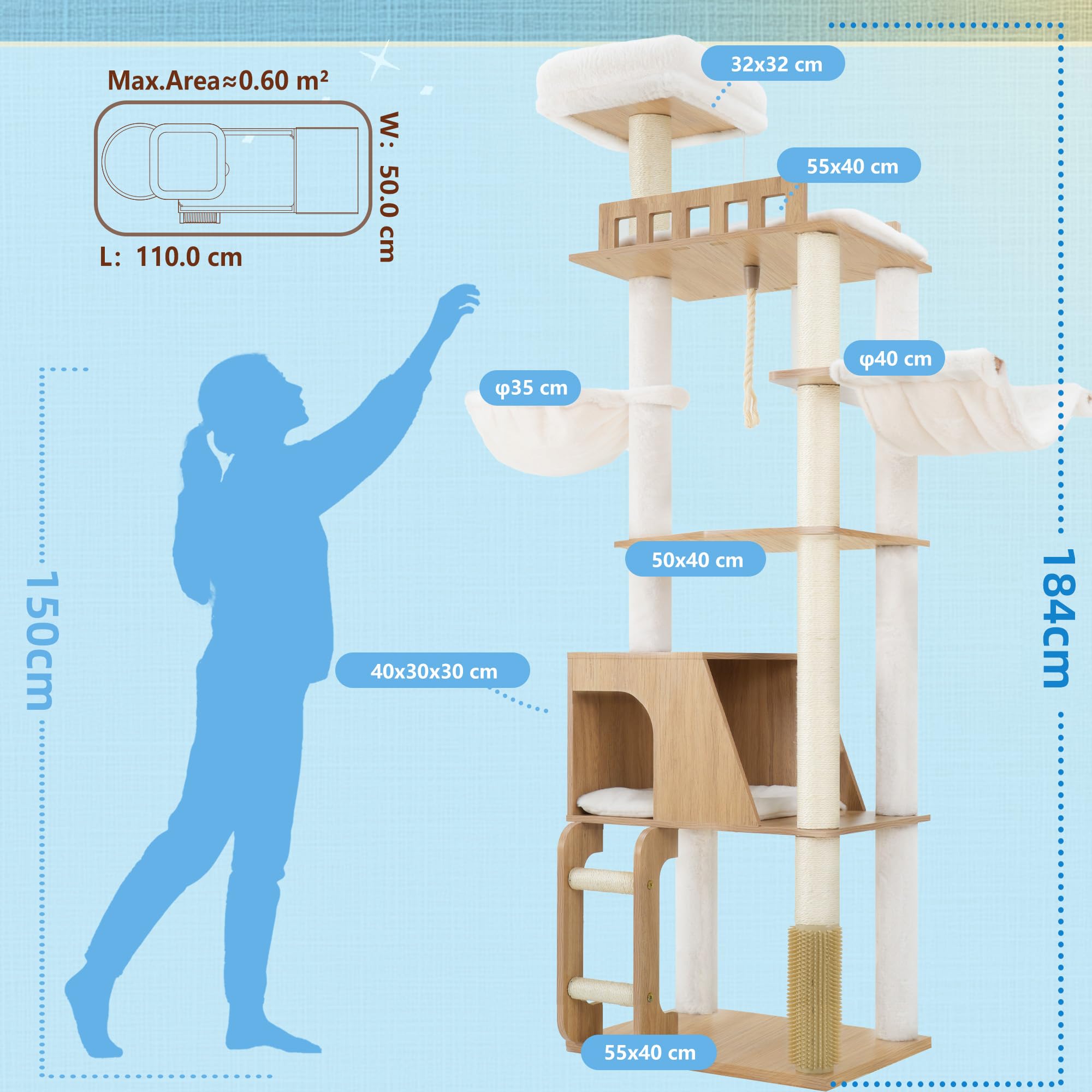Hey-brother Albero per Gatti in Legno Moderno, Tiragraffi per Gatti 184 cm, Multinivello Stabile con Piattaforme Grandi, Amaca, Nido Spazioso, Pettine per Mantello e Scala, Bianco Rovere MPJ121BT
