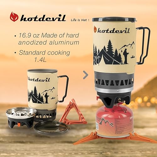 Miniatura 2 de HOTDEVIL Estufa de camping y mochilero sistema de cocina con encendido piezoeléctrico, mini quemador para mochilero, kit de estufa ideal para