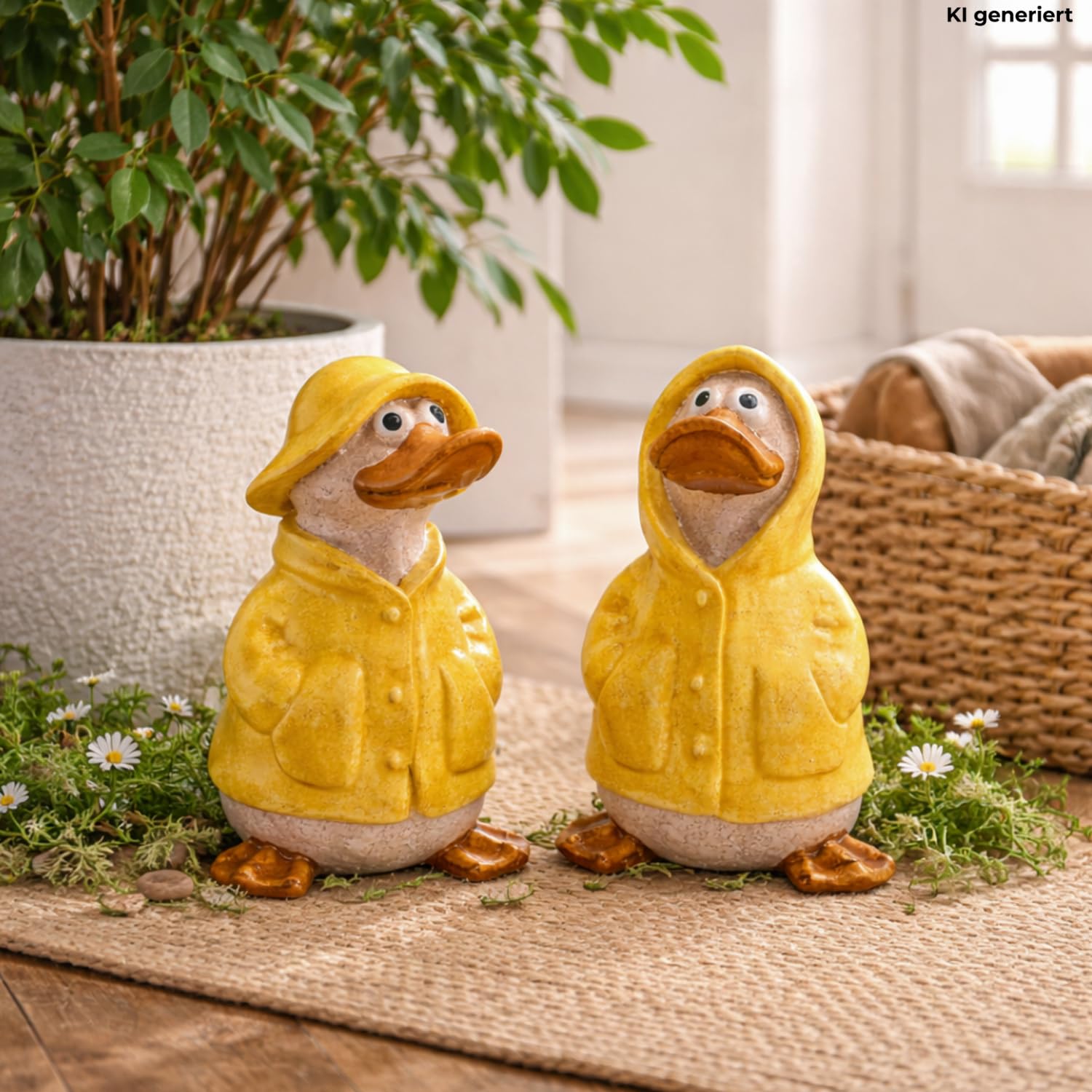 XL 2er Set Dekofiguren, Gartendeko Regenenten, Deko-Enten, Entenfiguren, Gartenfigur Ente, Teichfigur Ente in gelb mit Regenmantel und Mütze als 2er Set, Größe einer Gartenfigur, L/B/H 8 x 8 x 14 cm.