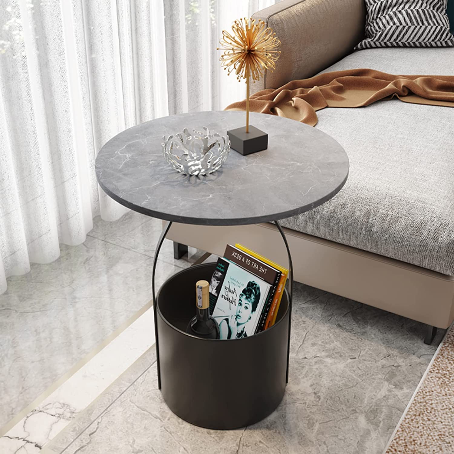 Table basse ronde en faux marbre avec rangement meuble canapé élégant salon marron