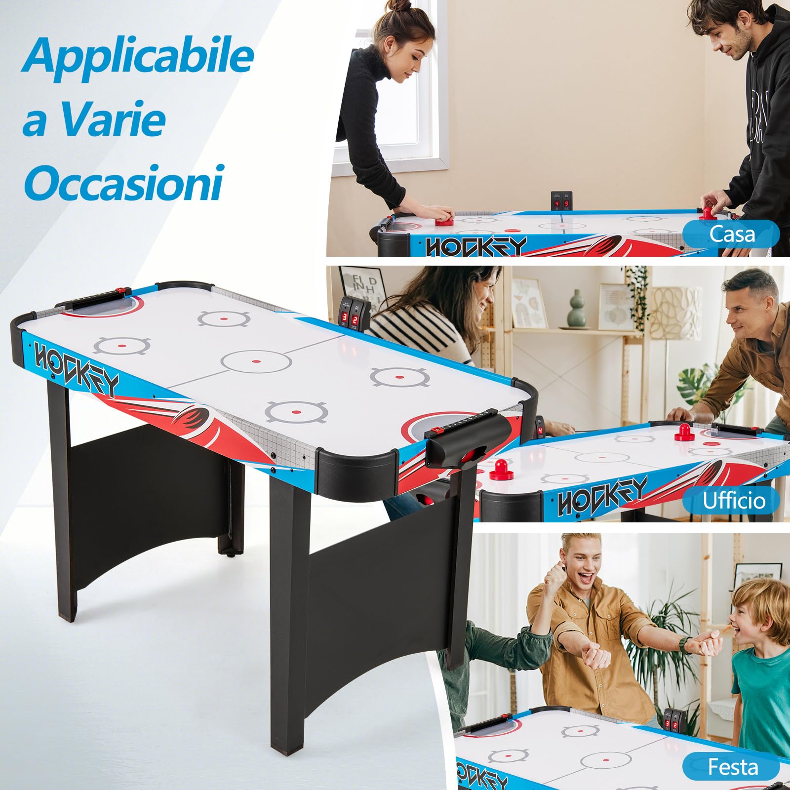 COSTWAY Tavolo da Air Hockey, con Tabellone Segnapunti LED e Motore 12V, Tavolo da Hockey ad Aria con 2 Dischi e 2 Spintori, 122 x 61 x 76 cm