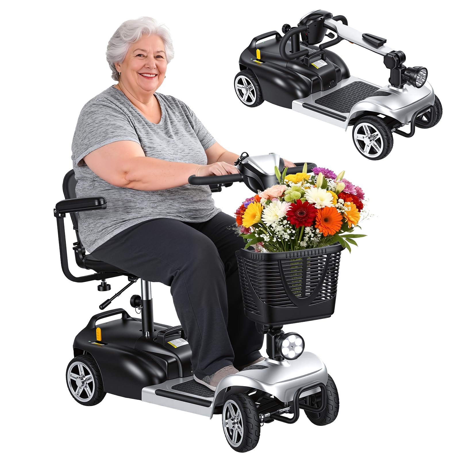 4 Wheel Mobility Scooter for Adults and Seniors, Ultra Light Folding Mobility Scooter, Scooters para Adultos with 250W Motor, 5MPH Speed, 7.46Mile Range, LED Headlight, Basket &amp; Charger (Black)
