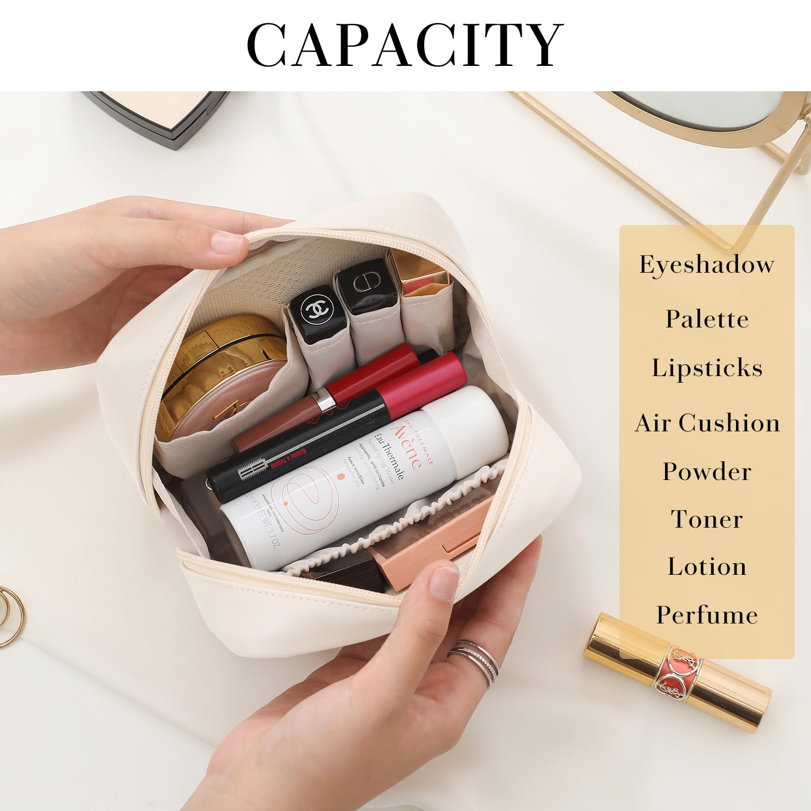 Small Cosmetic Bag Zipper Pouch Travel Makeup Bag with compartments for Women Portable Lipstick Pouch Purse Waterproof Make-up Organizer Great Gifts White - Image 2