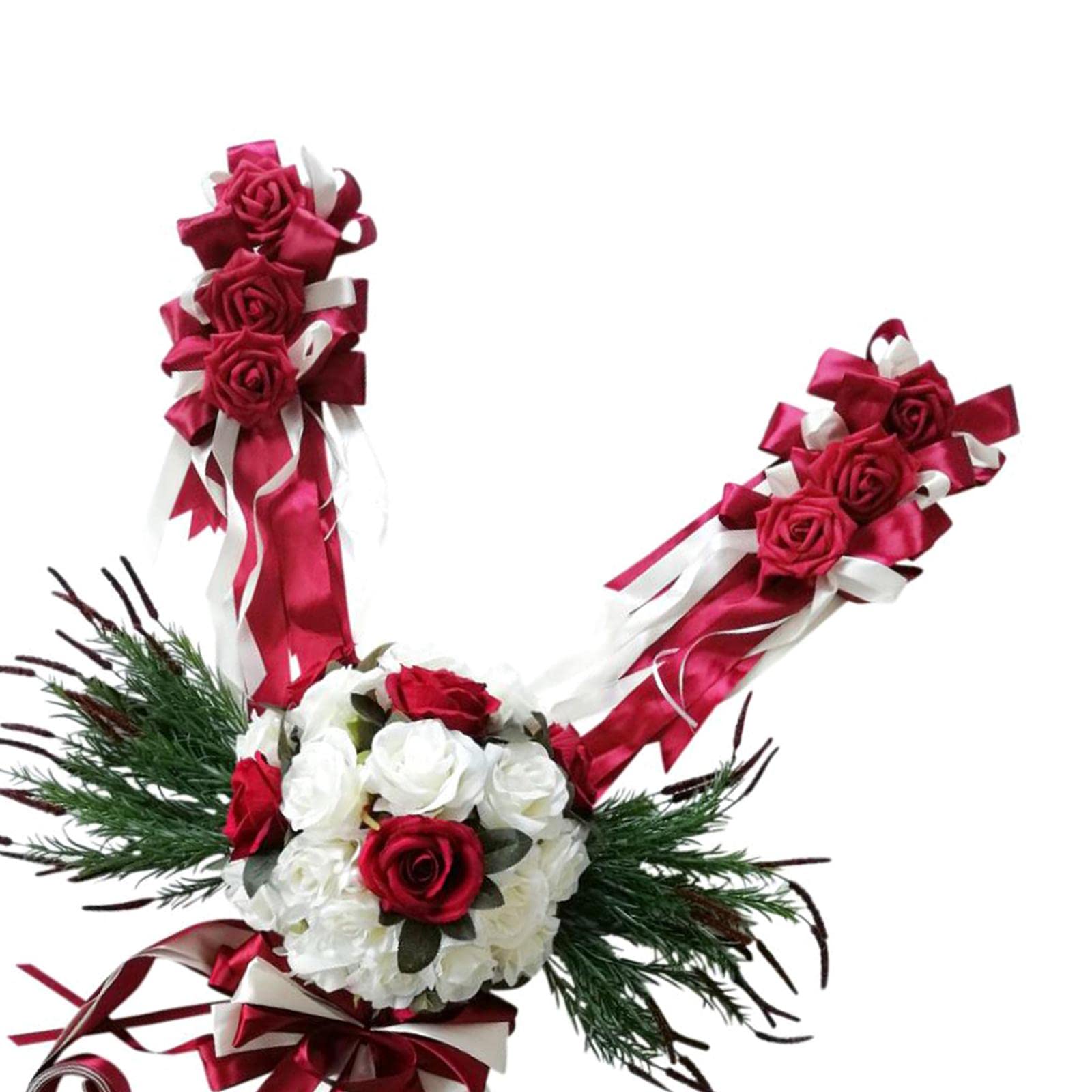 12 Stück Hochzeitsauto Dekorationsset Seidenblumenschmuck Polyesterbänder Satinblumenschleifen Schleifen Autoschmuck für Brautlimousinen Hochzeitflott, Burgund