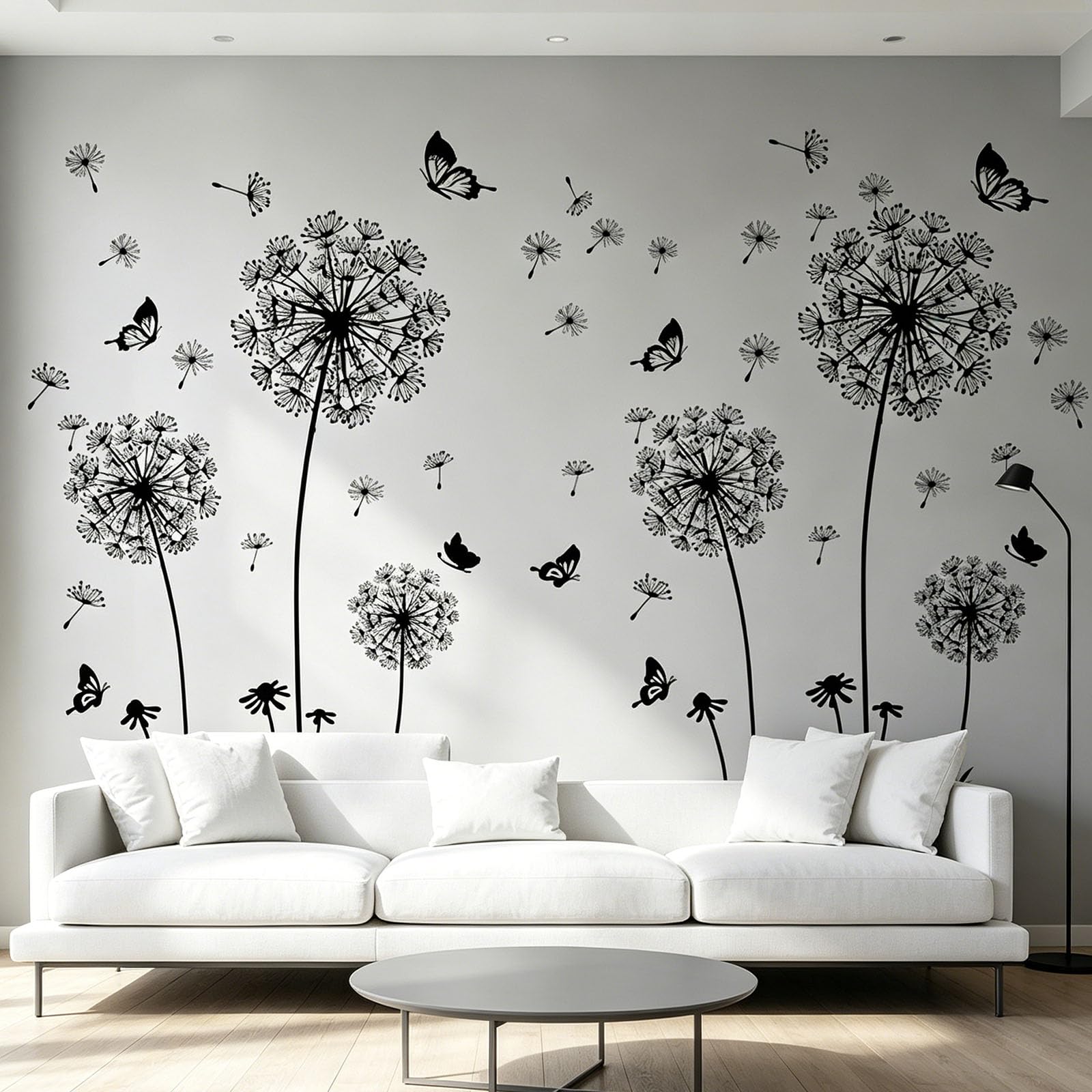 Set di 2 adesivi da parete a forma di dente di leone, fiori, farfalle, decorazione da parete per camera da letto, ufficio, bagno, soggiorno, decalcomanie da parete rimovibili