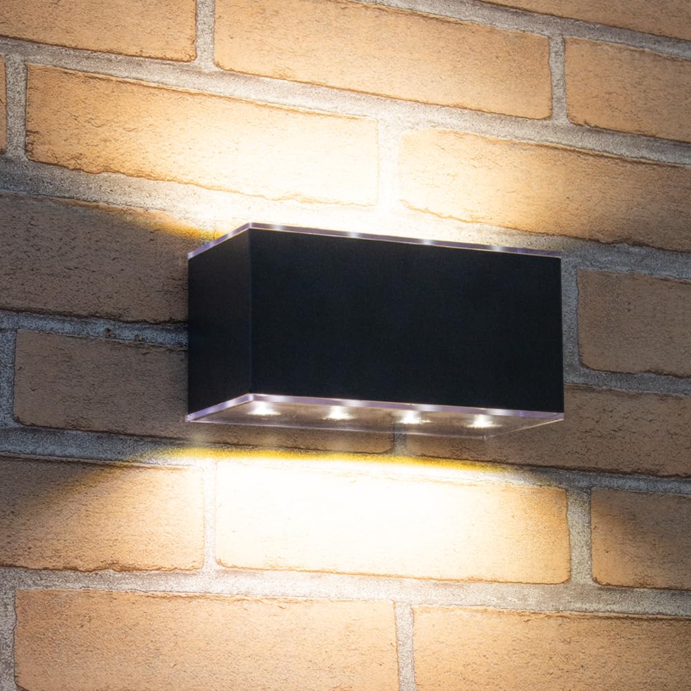 RexTech Solar Wandleuchte Olaf, Up & Down, 100 Lumen, 2700K | Anthrazitfarbenes Aluminium, Dämmerungssensor, Ein-/Ausschalter, rechteckiges Gehäuse