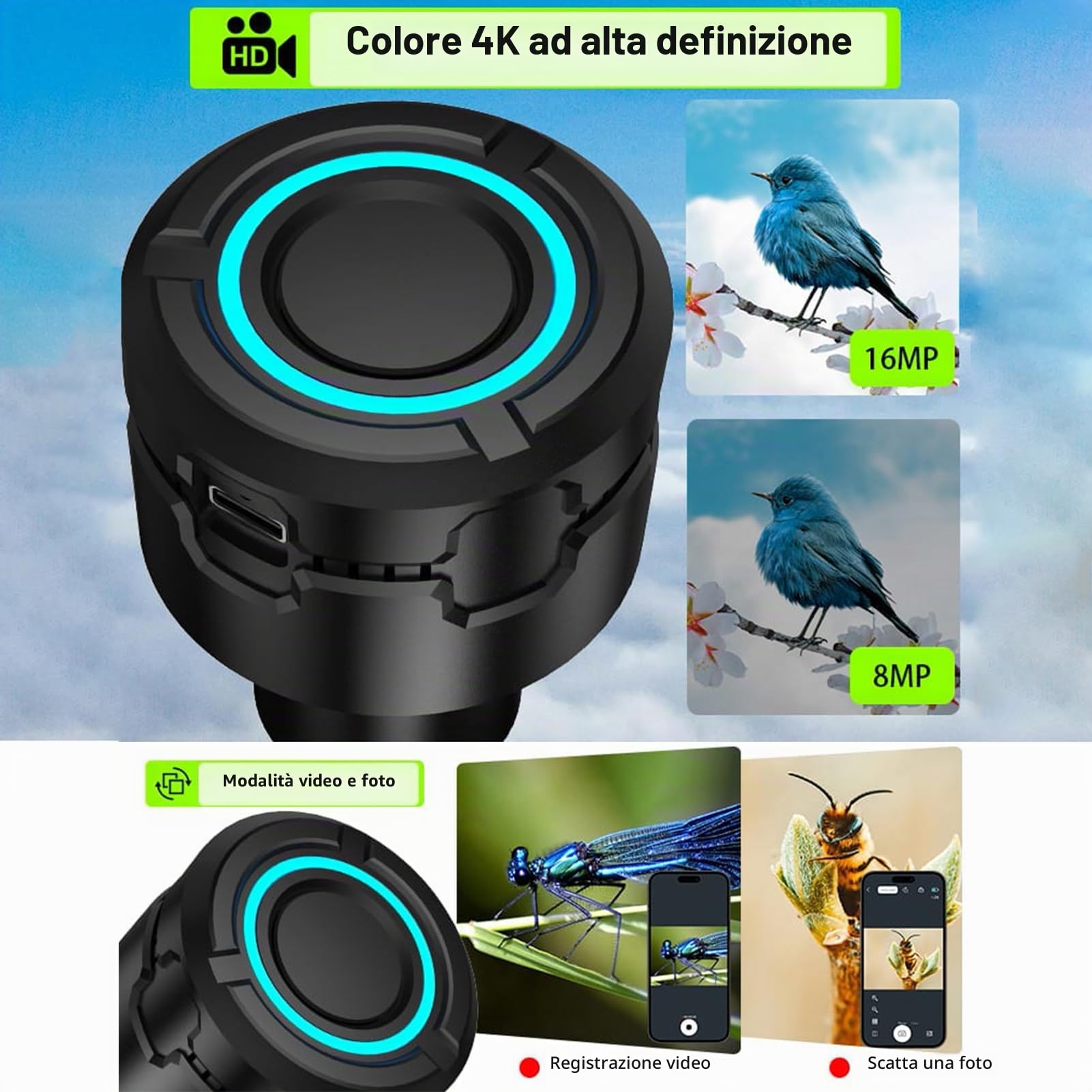 Andoer - Oculare digitale WiFi senza fili per telescopio, registrazione video 4K, scatto fotografico, batteria integrata, oculare elettronico per telescopio da 1,25 pollici