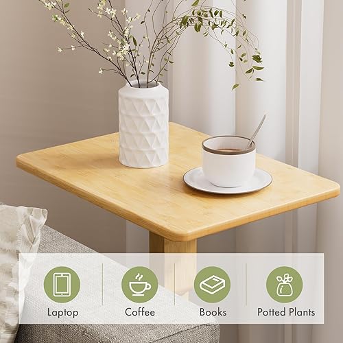 Miniatura 8 de Amazer Mesa auxiliar de bambú, mesa auxiliar ajustable en altura para sofá, mesa de bebidas pequeña para lugares pequeños, mesa de bandeja de sofá
