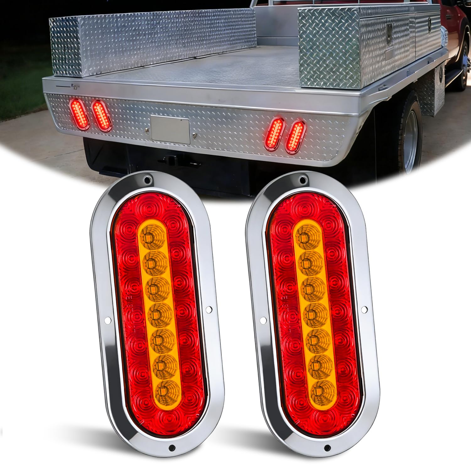 Nilight Trailer Tail Lights 2PCS 6Inch Oval 23LED Red Amber Chrome