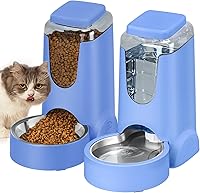 HWONMTE Automatic Cat Dog Feeder & Water Dispenser - Gravity Fed 6lb Food 1Gal Water, Stainless Steel Bowl for Small Medium Pets (Sapphire Blue)