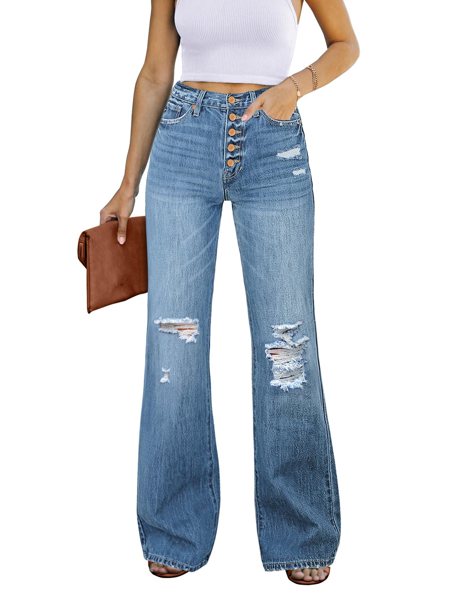 RoskikyRipped High Waist Stretchy Jeans Button Fly Wide Leg Flared Trousers for Women Baggy Jeans