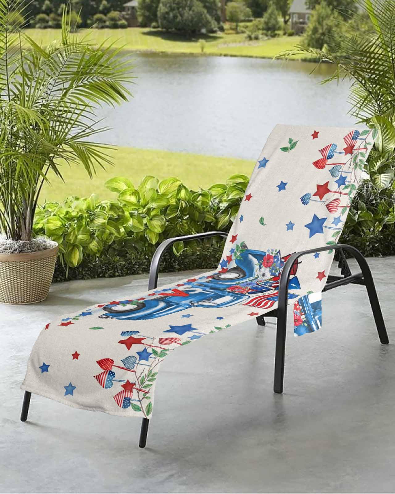 4th of July Floral Beach Chair Towel Covers for Chaise Lounge with Side Pocket, Soft Plush Pool Towels Cover for Patio Sunbathing Outdoor 29''x85'' Patriotic Memorial Truck Love Star Leaves