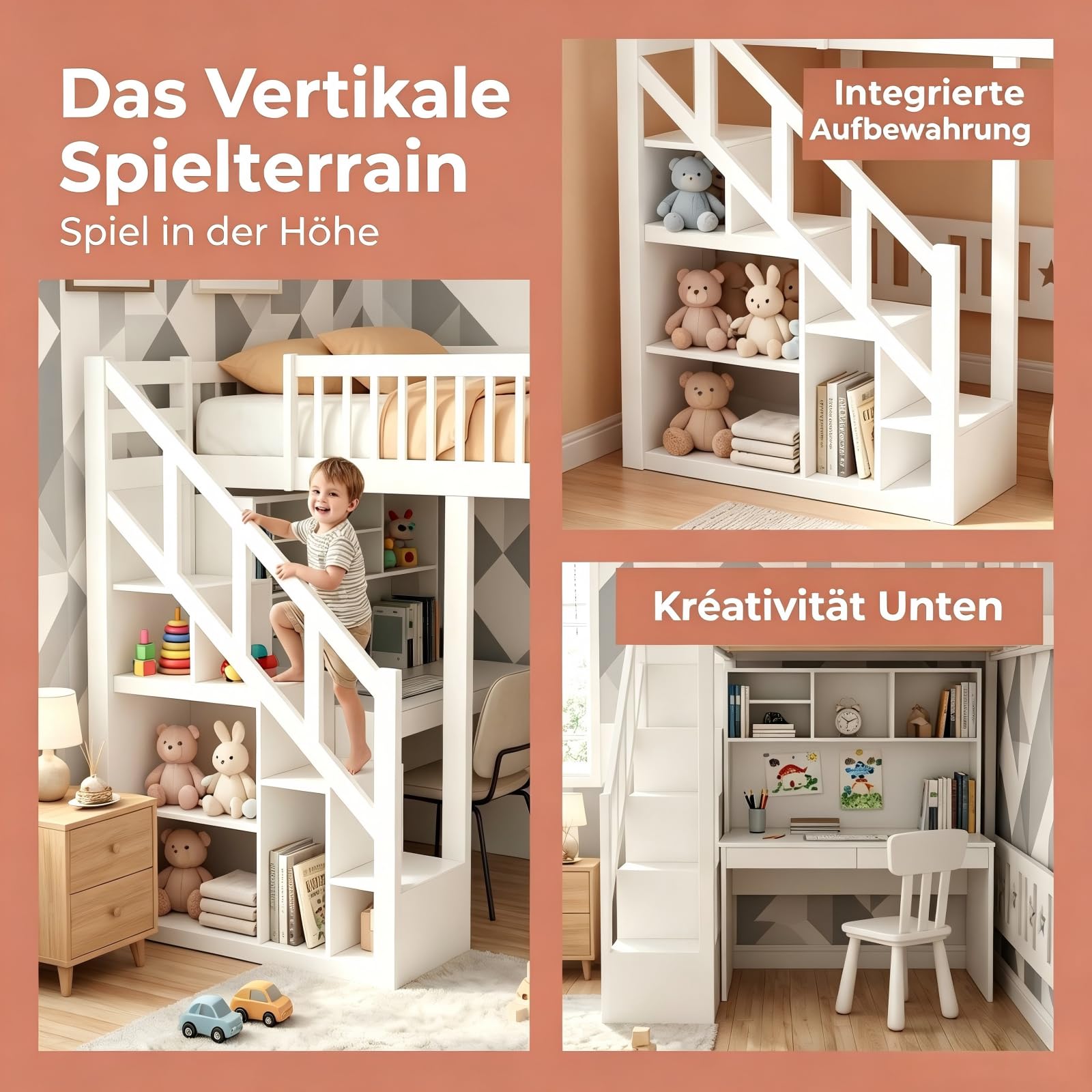 Kinderbett Etagenbett 90x200, Hochbett Hausbett mit Treppe, Staurau, Gitter und Rausfallschutz, Doppelbett Stockbett Spielbett Kinderhochbett mit Lattenrost für Mädchen Junge (Weiß, 90x200 cm)