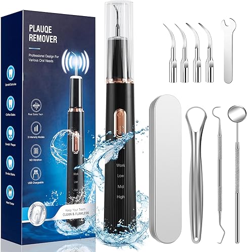 Removedor de placa para dientes, removedor de sarro para limpieza de dientes con 4 cabezales reemplazables y 3 modos ajustables, removedor de placa