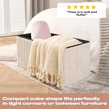OHS Rectangle Storage Ottoman Box, Modern Cream Ribbed Footrest with Hidden Storages Padded Large Storage Ottoman with Lid Space Saving Bench for Living Room Bedroom, One Size