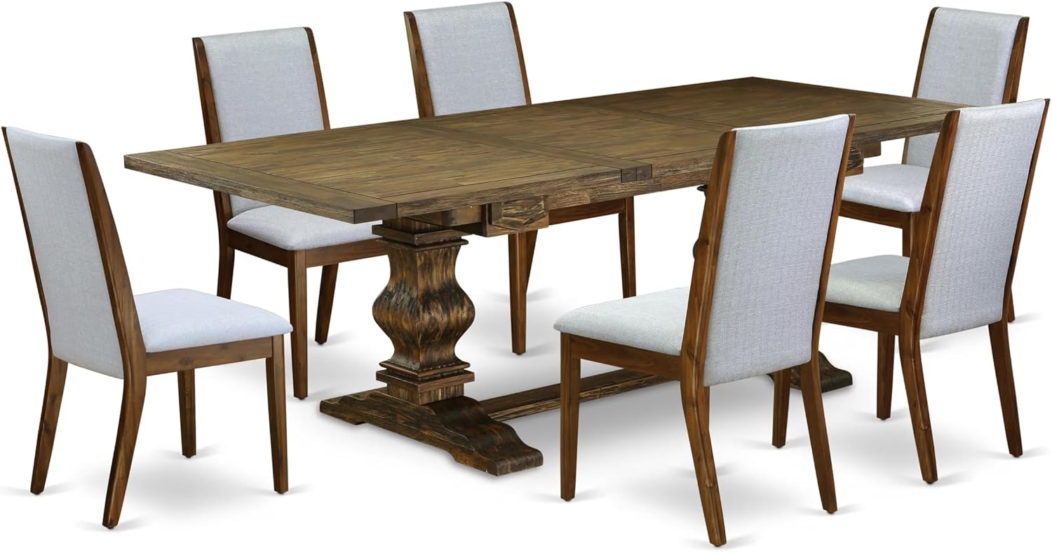 East West Furniture ALALA7-78-05 7 Piece Kitchen Table Set Consist of a Rectangle Dining Table with Removable Leaf and 6 Grey Linen Fabric Parson Dining Chairs, 42x92 Inch, Jacobean