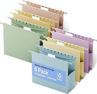 XINGIA Extra Capacity Hanging File Folders Letter Size,3'' Expandable File Folders Hanging with Tabs,6 Pack Wheat Straw File Cabinet Folders for School Office Hospital,Pastel Plastic File Organizer