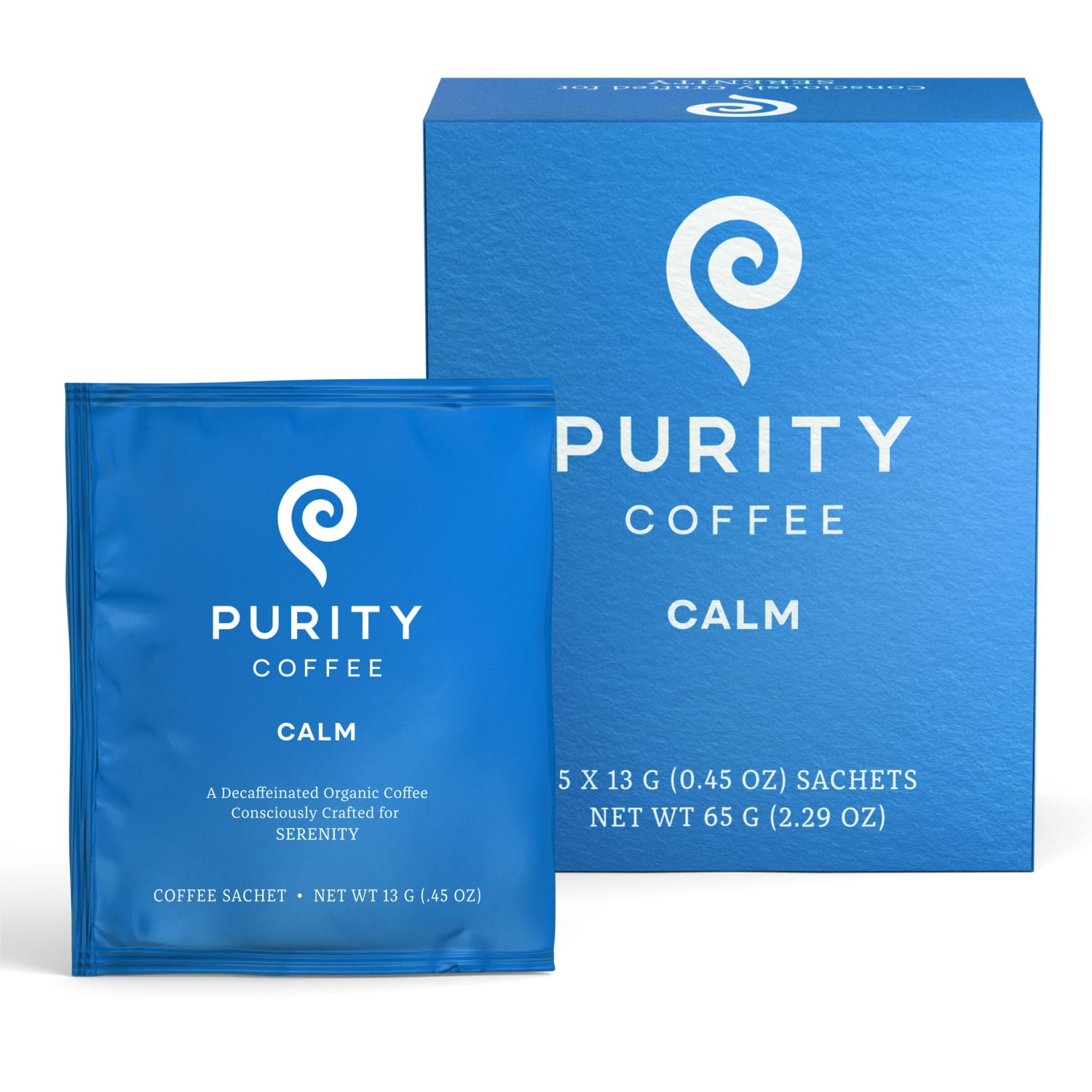 Purity Coffee CALM Decaf Medium Roast Organic Coffee - USDA Certified Organic Specialty Grade Arabica Single-Serve Packets - Third Party Tested for Mold, Mycotoxins & Pesticides - 5 ct Box