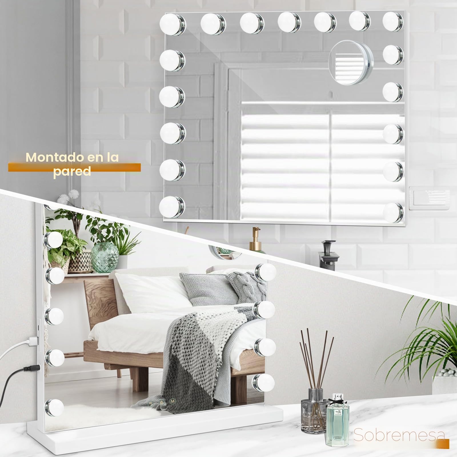 Espejo de Maquillaje con 17 Luces LED Regulables, 3 Modos, Espejo con Función de Memoria, Control Táctil, Montaje en Pared, Cargador USB y Type C, Blanco, 70x57 cm