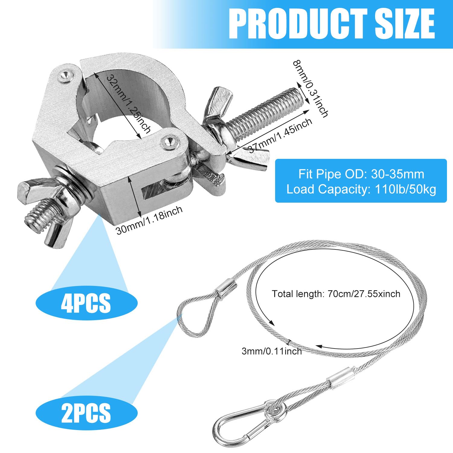 Traversen Klemme 30-35mm O Clamp mit 2 Edelstahl Fangseil 6PCS | Bühnenlichthaken, Beweglicher Kopf, für Leuchten, Bühnenbeleuchtungsausrüstung und Zubehör, 80KG Ladekapazität Truss O Clamp