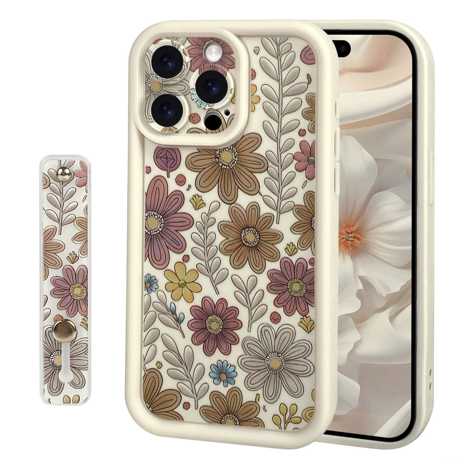 Lovmooful Compatible for iPhone 15 Pro Case Cute Aesthetic Color Flower Floral Leaf with Wrist Strap Design for Girls Women Soft TPU Shockproof More