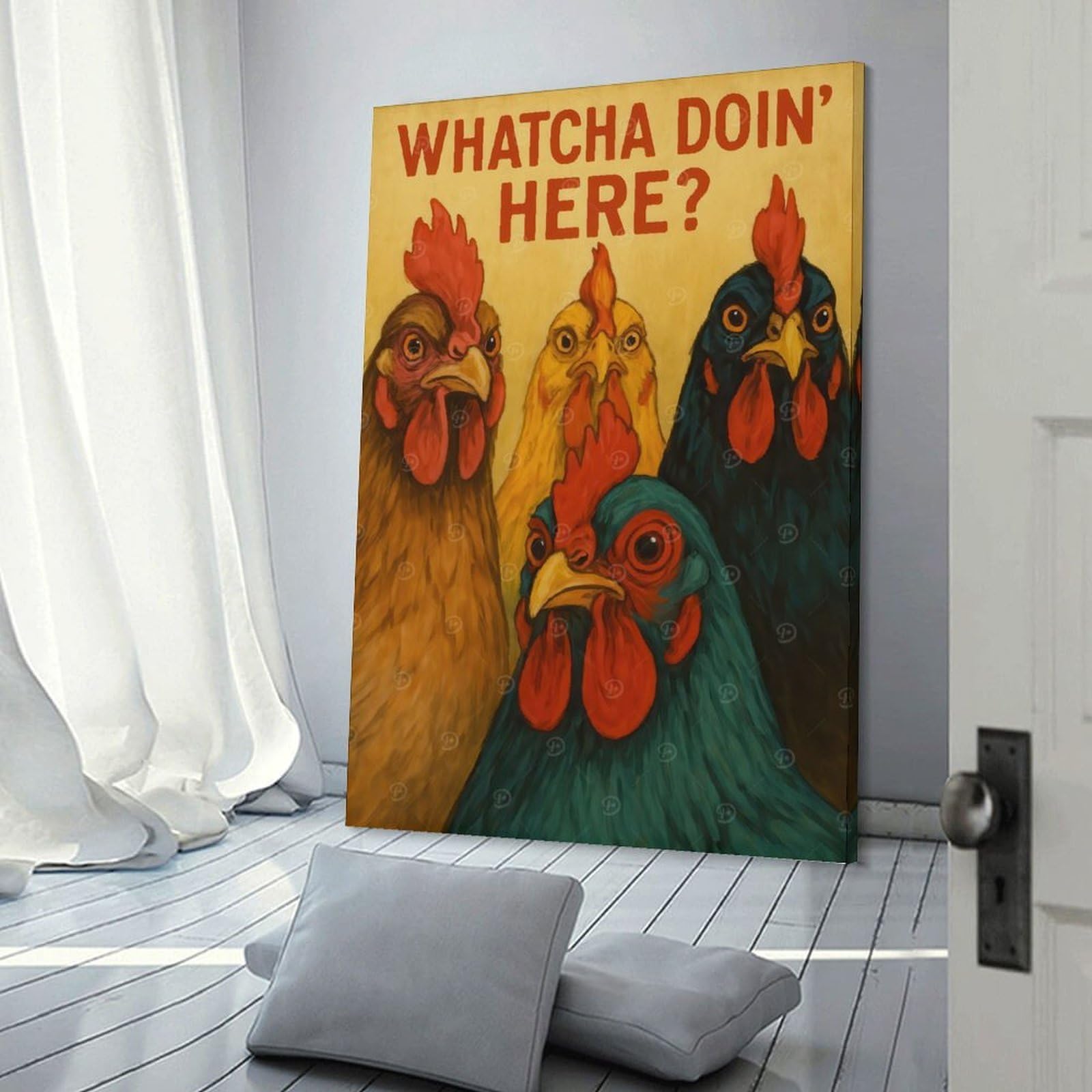 Junmoney Wall Art Print Whatcha Doin Here Chicken Art, 08x12inch(20x30cm), for Study, Office Or Focused Interiors, Decorative Artwork for Productive Spaces