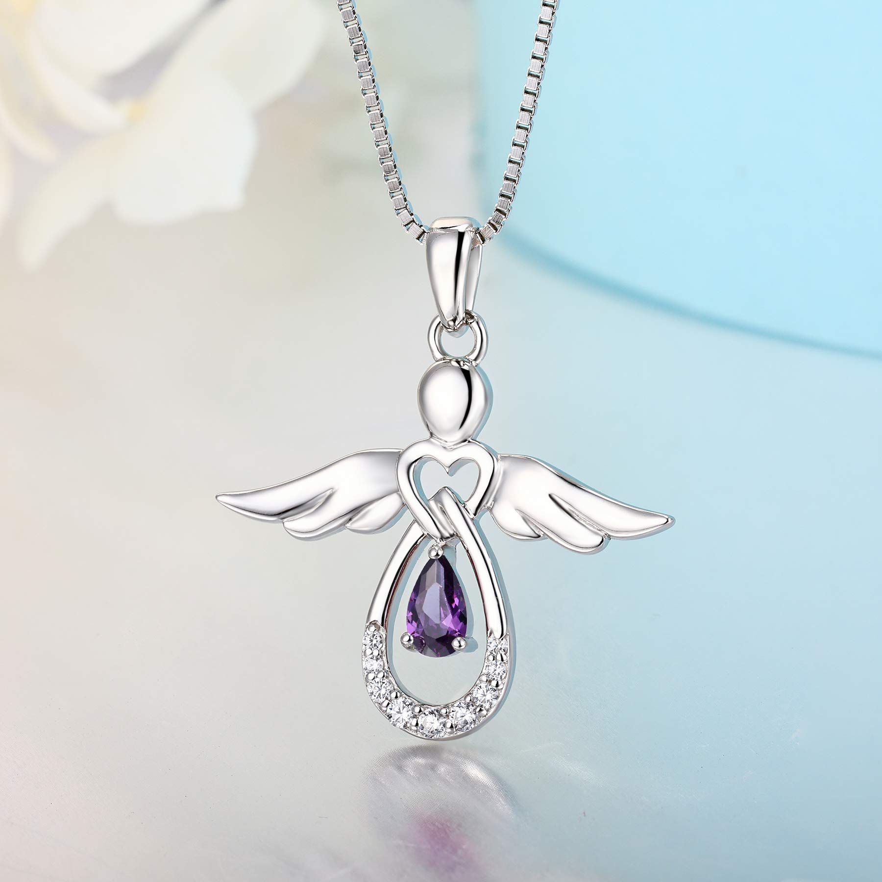 FJ Damen Kette Schutzengel Anhänger Halskette 925 Sterling Silber Engel Kette mit Geburtsstein Zirkonia Schmuck Geschenke für Frauen Mädchen