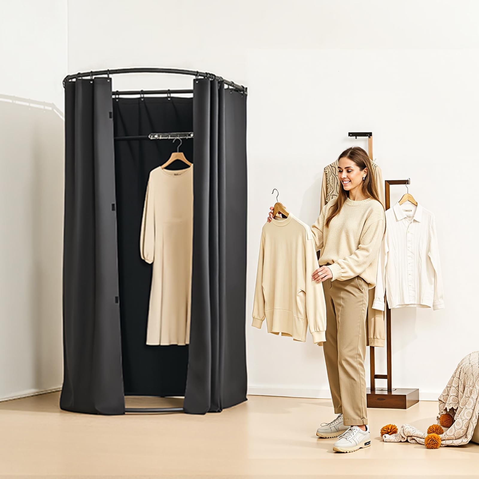VEVOR Cabine d'Essayage 100x95x200 cm, Vestiaire Portable avec Rideaux Épais en Polyester et Crochet, Espace Privé pour Magasin, Boutique, Centre Commercial, Atelier de Couture, Extérieur, Noir