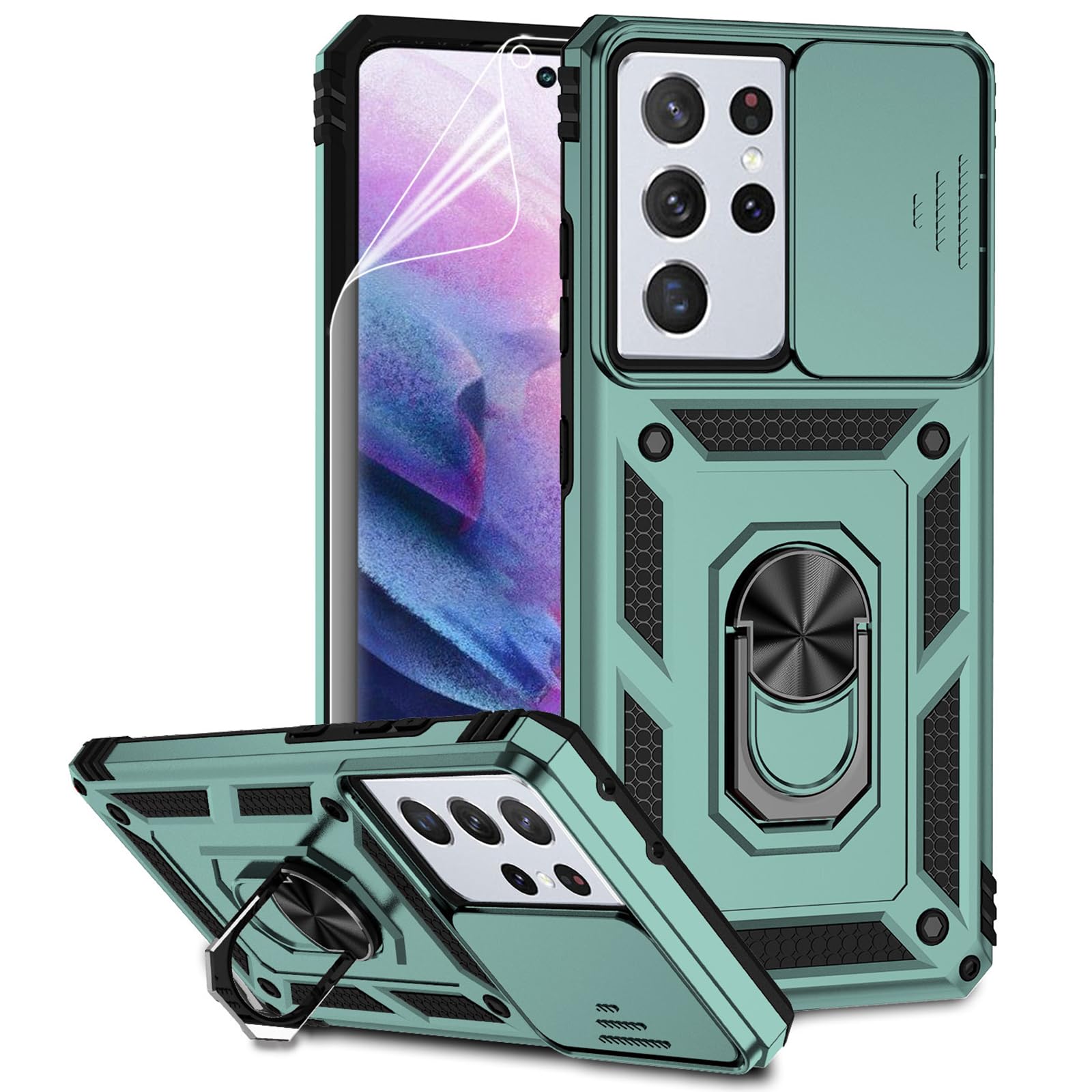 for Samsung Galaxy S21 Ultra Case with Camera Lens Cover Screen Protector, Military-Grade Drop Tested Magnetic Ring Holder Kickstand Protective Phone
