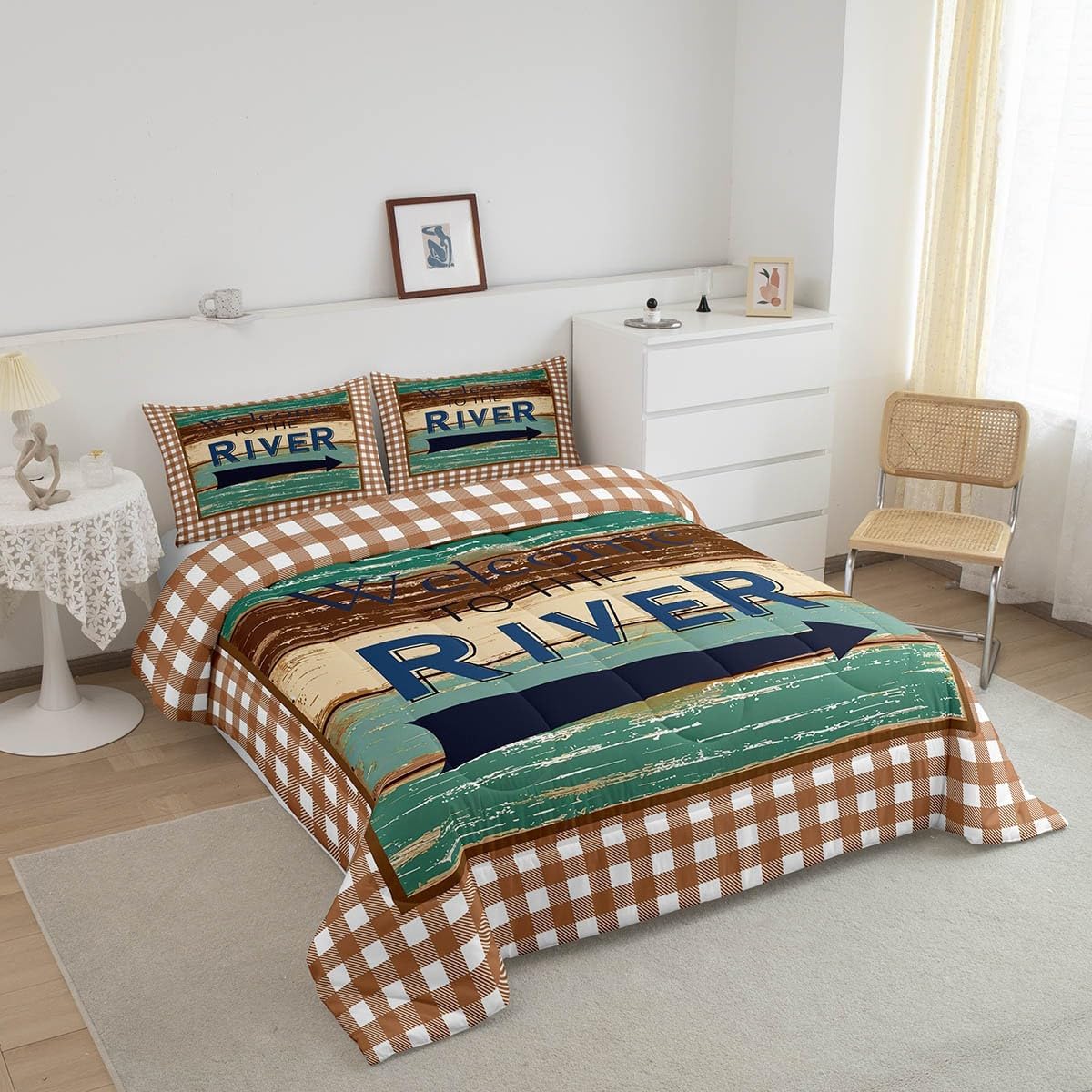 Erosebridal River Lake House Bedding Set King Rustic Lodge Cabin Comforter Set, Retro Barn Door Striped Duvet Insert Teal Brown Quilt Sets, Grid Checkered Bedding Comforters & Sets 3 Pieces