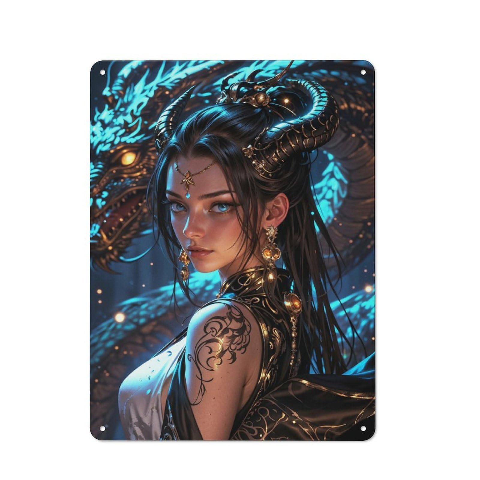 Junmoney Style Metal Wall Sign 40X30cm Featuring Enchantress With The Golden Dragon For Garage Or Workshop, For Garage, Workshop And Man Cave Decoration