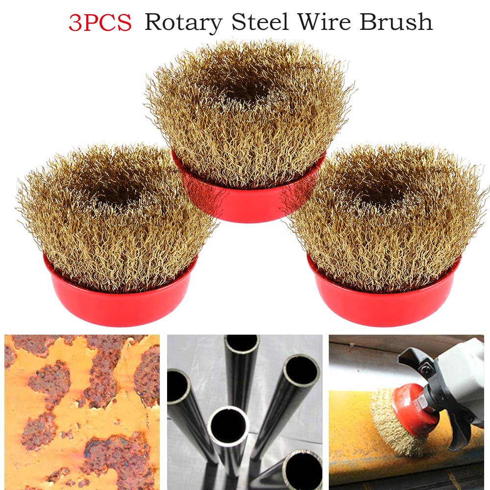 Lot de 3 brosses métalliques rotatives pour enlever la rouille, brosse rotative en fil d'acier pour perceuse avec revêtement en laiton, meuleuse d'angle M14, 65 mm