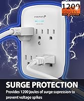 Vista 2 de Fosmon Protector de sobretensiones de montaje en pared de 6 tomas, supresión de sobretensiones de 3 clavijas, 1200 julios, 15 A, 125 VCA, 60 Hz