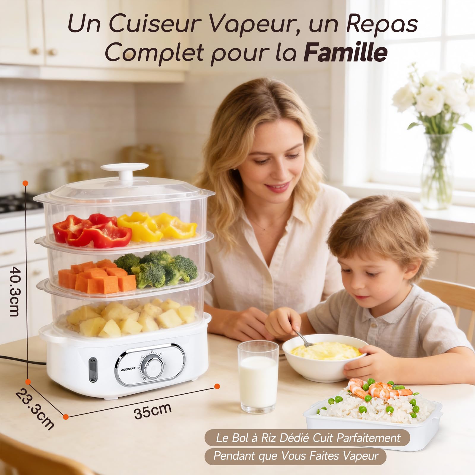 Aigostar Cuiseur Vapeur Electrique 12L 900W 3 Récipients Empilables Minuterie 60 Minutes Sans BPA