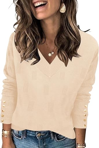 AKEWEI Womens V Neck Sweaters Long Sleeve Lightweight Knit Pullover Tops with Decorative Buttons