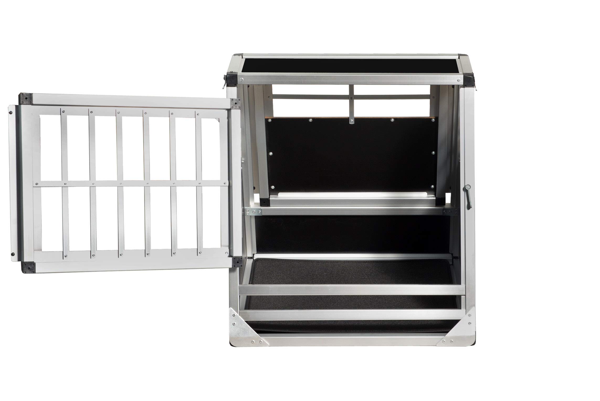 ALPUNA Transportbox N67 – Aluminium Hundebox 58×60×63 cm – Auto Hundebox mit Notausstieg, sicherer Hundetransport im Kofferraum mit Stoßstangenschutz
