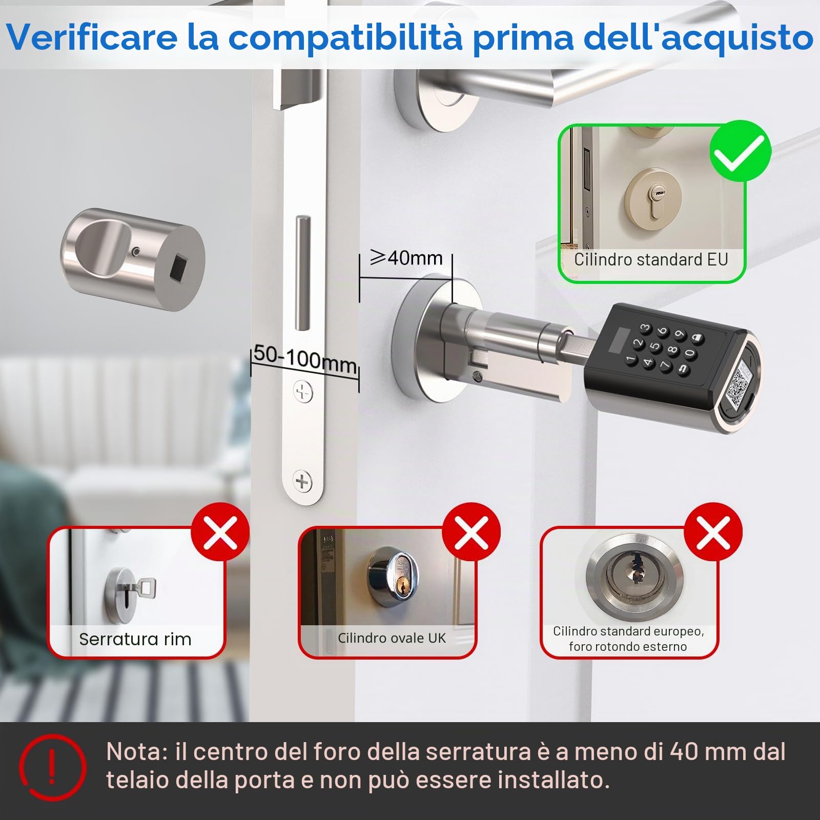 WELOCK Serratura Elettronica per Porta D'ingresso con Codice pin, Serratura Elettronica Impermeabile per Porta con Bluetooth e app, Adatta per Porte di Spessore Compreso tra 50 e 100 mm