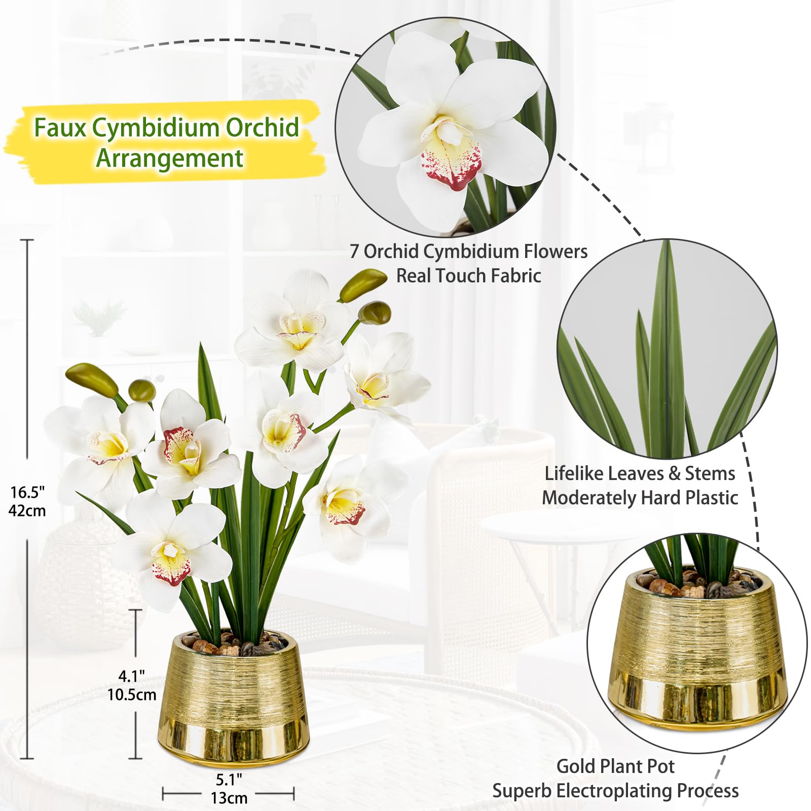 Oairse Orquídeas blancas artificiales de seda sintética Cymbidium orquídeas en maceta dorada, arreglos florales de orquídeas blancas falsas, centro de mesa, planta de orquídea sintética para