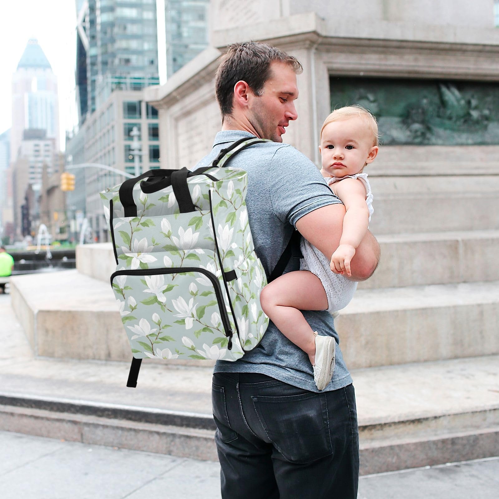 Mnsruu Borsa per pannolini da viaggio impermeabile, con motivo Gardenia, per mamme e papà, colore: bianco