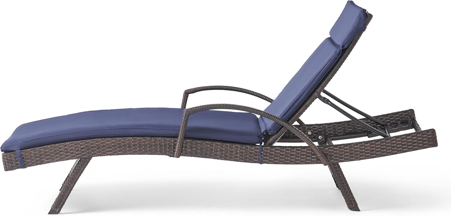 Christopher Knight Home Salem Outdoor Wicker Adjustable Chaise Lounge with Arms, with Cushion, Multibrown / Navy Blue