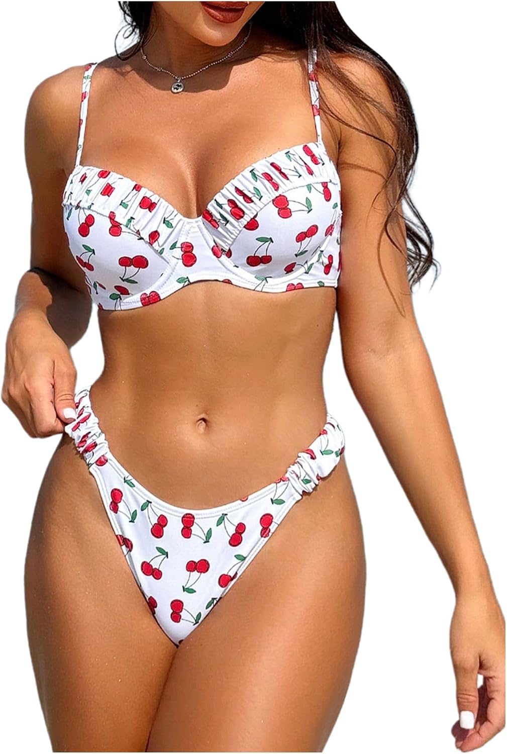 WDIRARA Women's 2 Piece Floral Ruched Trim Swimsuit High Cut Cute Frill Bikini Set X-Large Multicolor