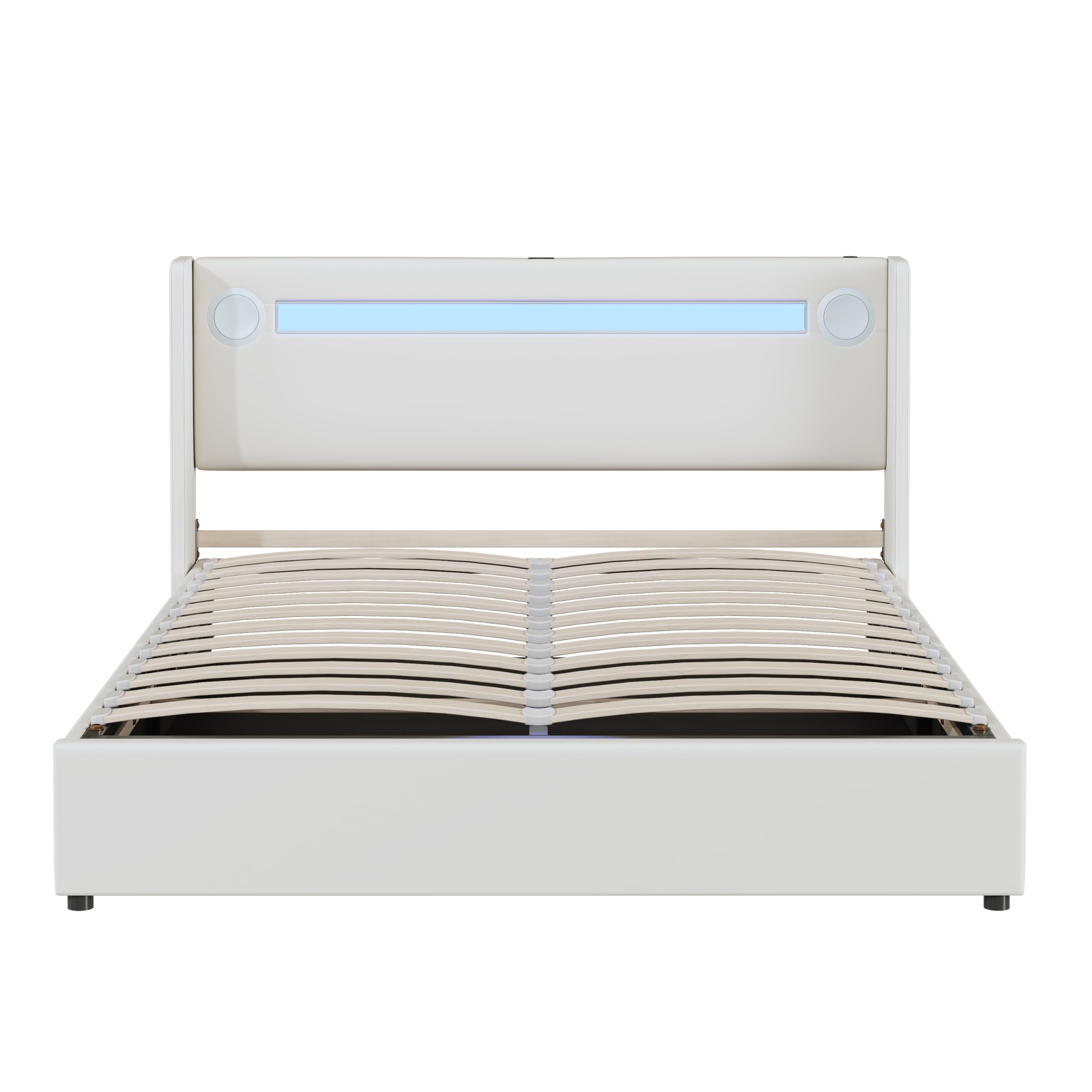 Merax Cama tapizada de 160 x 200 cm con tiras de luz LED, espacio de almacenamiento doble con reproductor Bluetooth y carga USB, para jóvenes y adultos, piel sintética blanca (sin colchón)