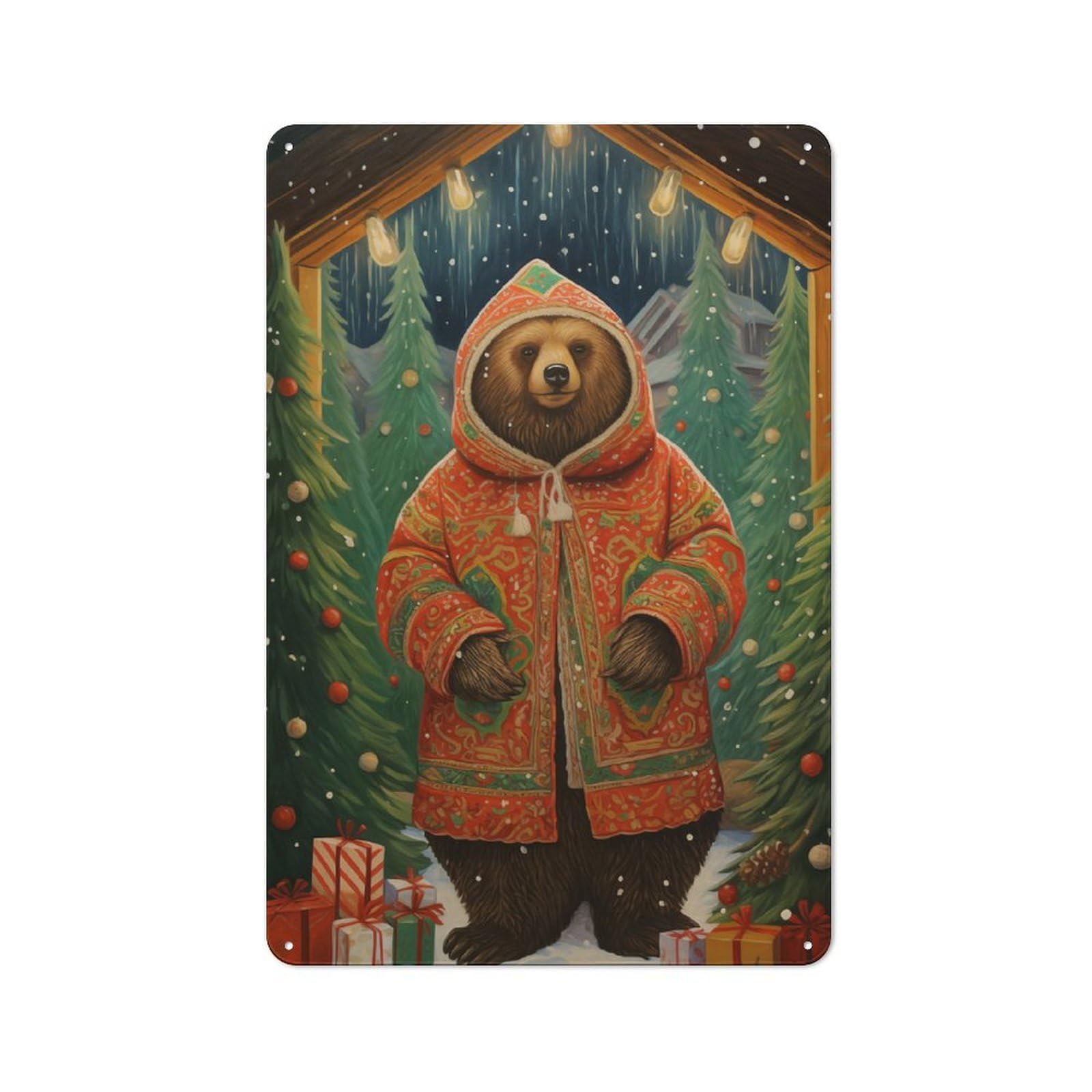 Junmoney Classic Xmas Bear Vintage Decorative Metal Plaque 30X20cm, Garden Room Wall Plaque For Shed, Garden Room, Porch Or Garage