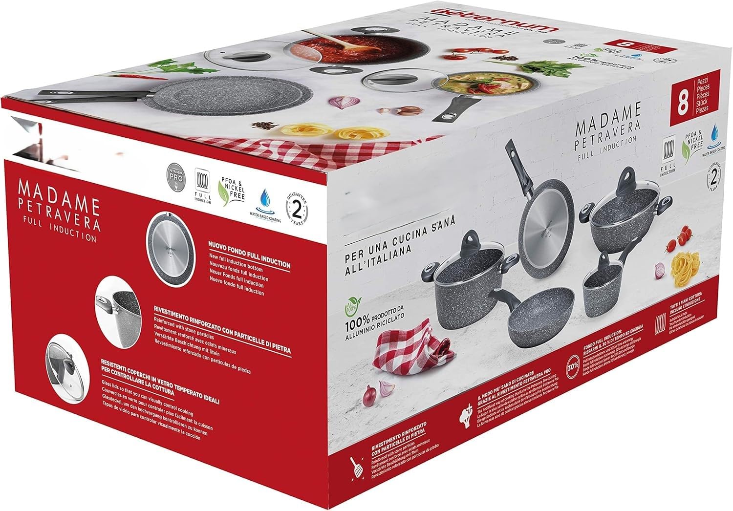 Madame Petravera 3.0, Batteria 8 pezzi, 2 padelle 20-24 cm, 2 casseruole 16-20 cm, 1 tegame 28 cm, 3 coperchi 16-20-28 cm, Ideale per Induzione, Full Induction, Grigio