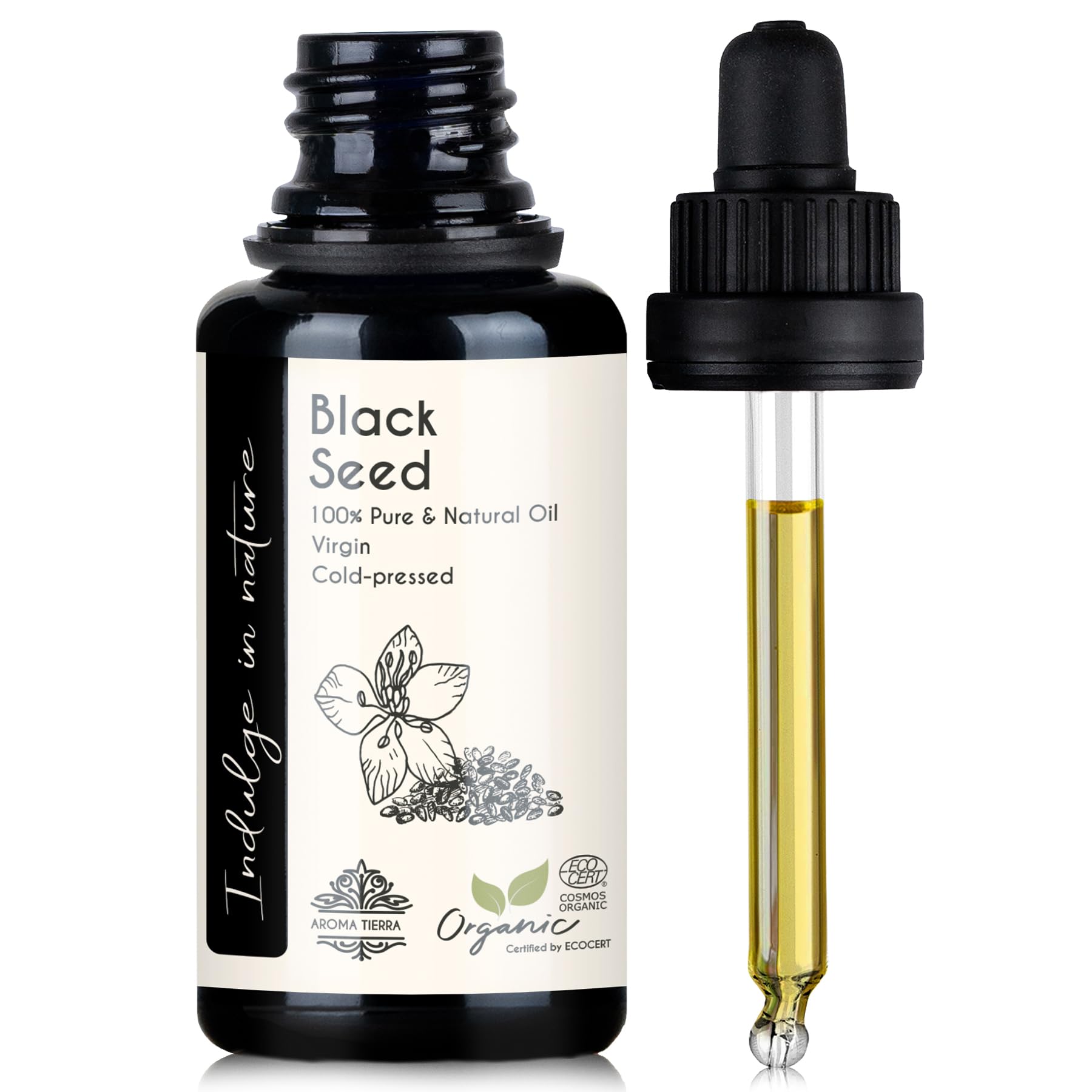 Aroma Tierra Organic Black Seed Oil (Nigella sativa) - 100% Pure, Cold Pressed, Natural, Food Grade - Hair Growth, Acne, Face, Skin, Wellness - 30ml