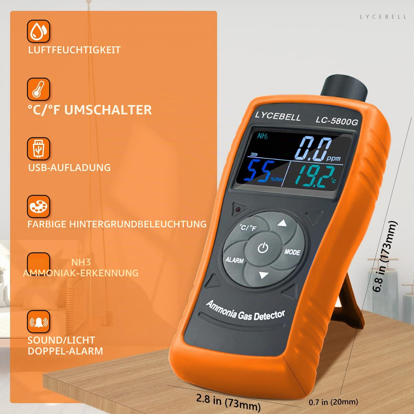 Ammoniak Gasdetektor, LC-5800G 0~100 PPM NH3-Monitor, Professionelles Ammoniak-Messgerät mit Temperatur und Luftfeuchtigkeit, Hintergrundbeleuchtung für Zuhause/Bauernhof/Fabrik