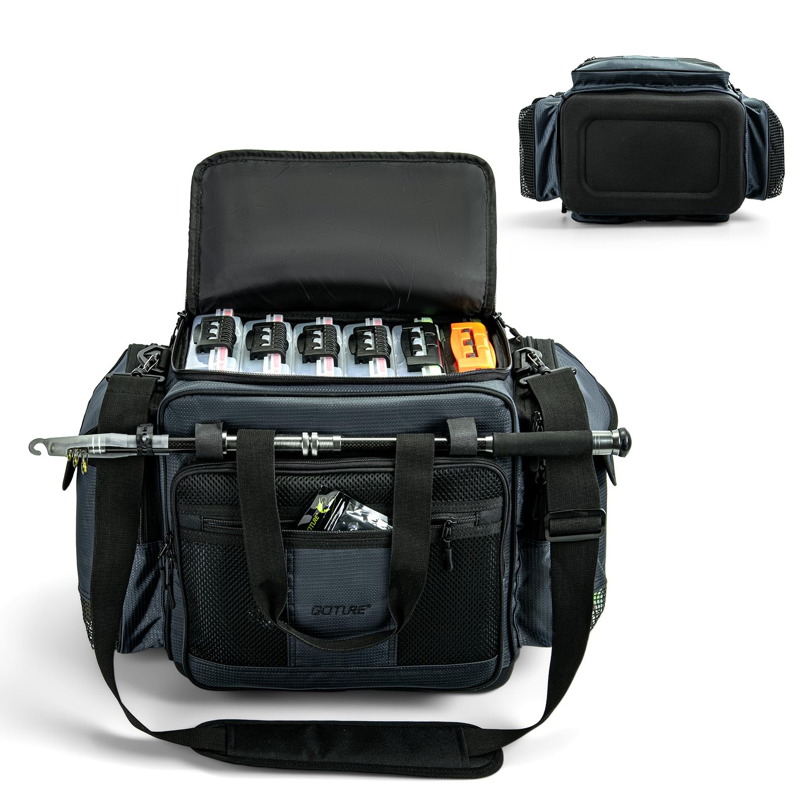Goture Angelrucksack mit 4 Köderbox Angeln, 45-Liter Angelzu